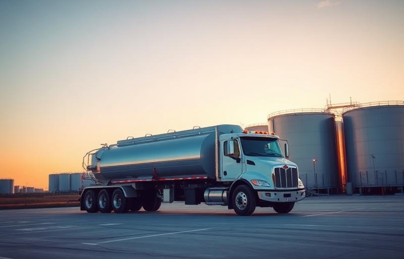 Petroleum distribution tanker truck at a fuel depot at golden hour