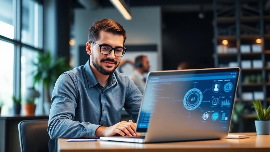 Small business founder with AI automation interface