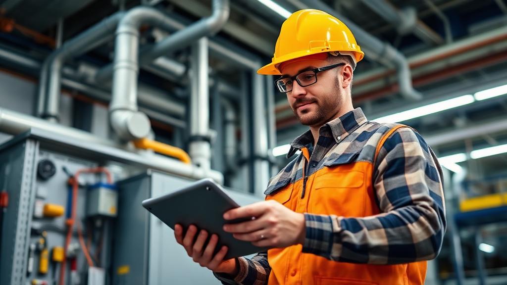 Field service technician using digital tools on industrial job site
