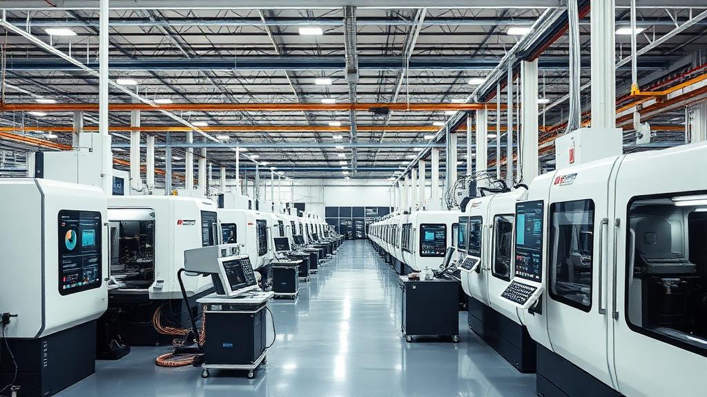 Modern manufacturing shop floor with digital efficiency dashboards