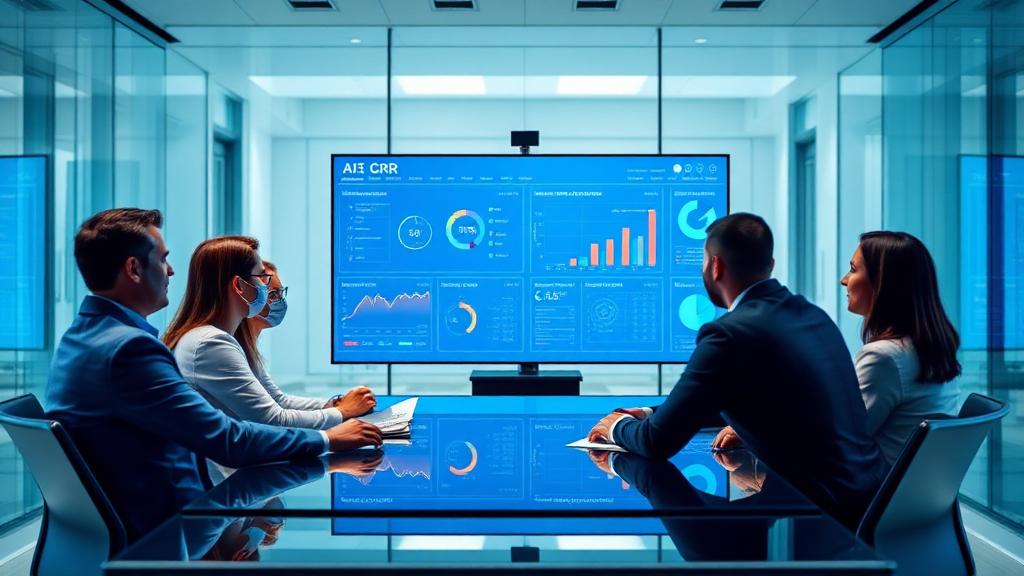 Sales team strategy meeting with AI-powered CRM analytics dashboard