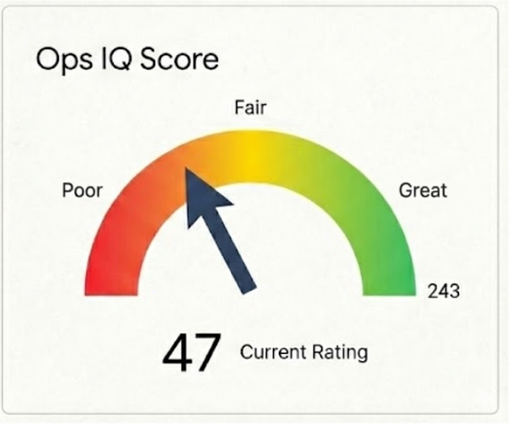 Operations IQ Score gauge showing business assessment results