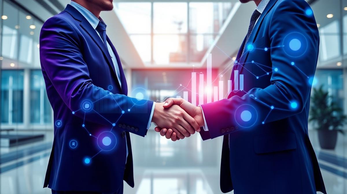 AI-powered business partnership handshake with data visualization
